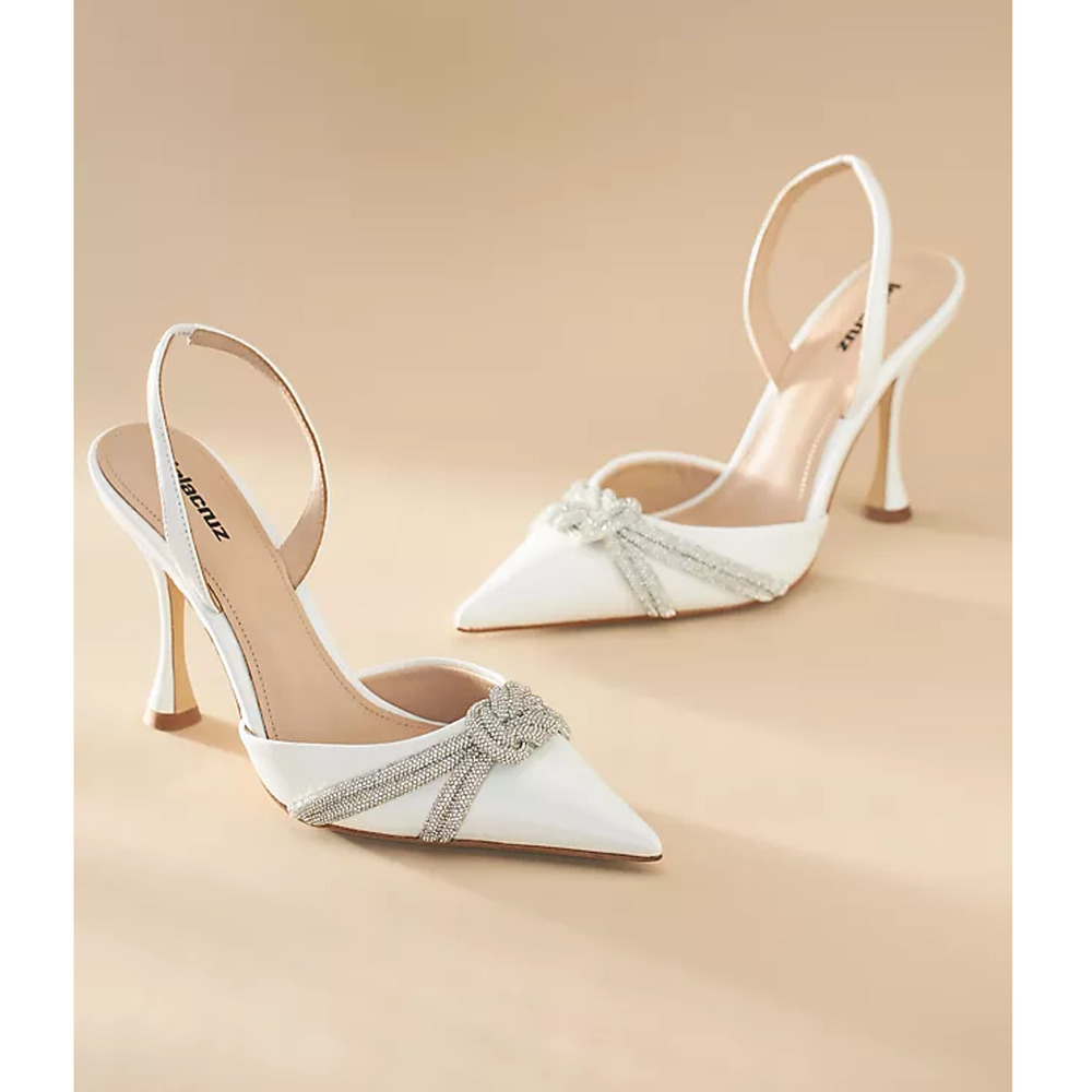 NWT Lola Cruz Alice Leather & Rhinestone Pointed Slingback Pumps White EU 40